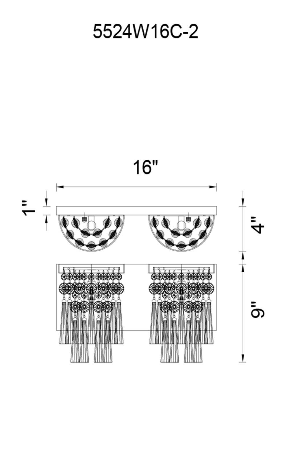 CWI Lighting Blissful 2 Light Vanity Light With Chrome Finish Model: 5524W16C-2 Line Drawing