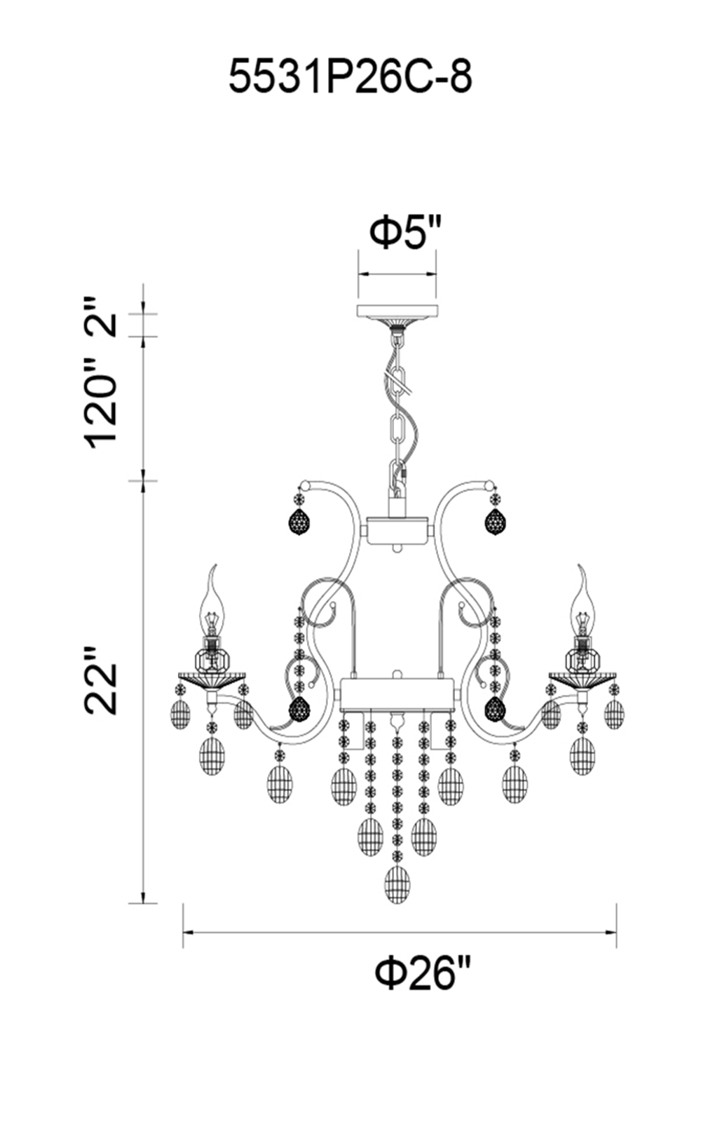 CWI Lighting Minoan 8 Light Up Chandelier With Chrome Finish Model: 5531P26C-8 Line Drawing