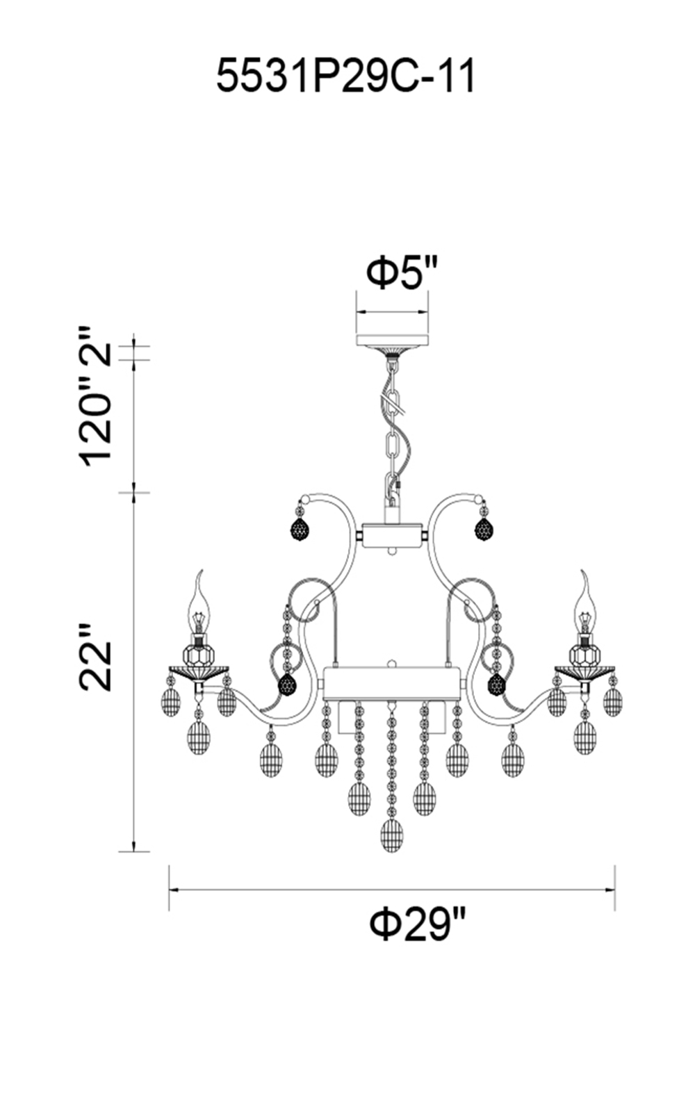 CWI Lighting Minoan 11 Light Up Chandelier With Chrome Finish Model: 5531P29C-11 Line Drawing