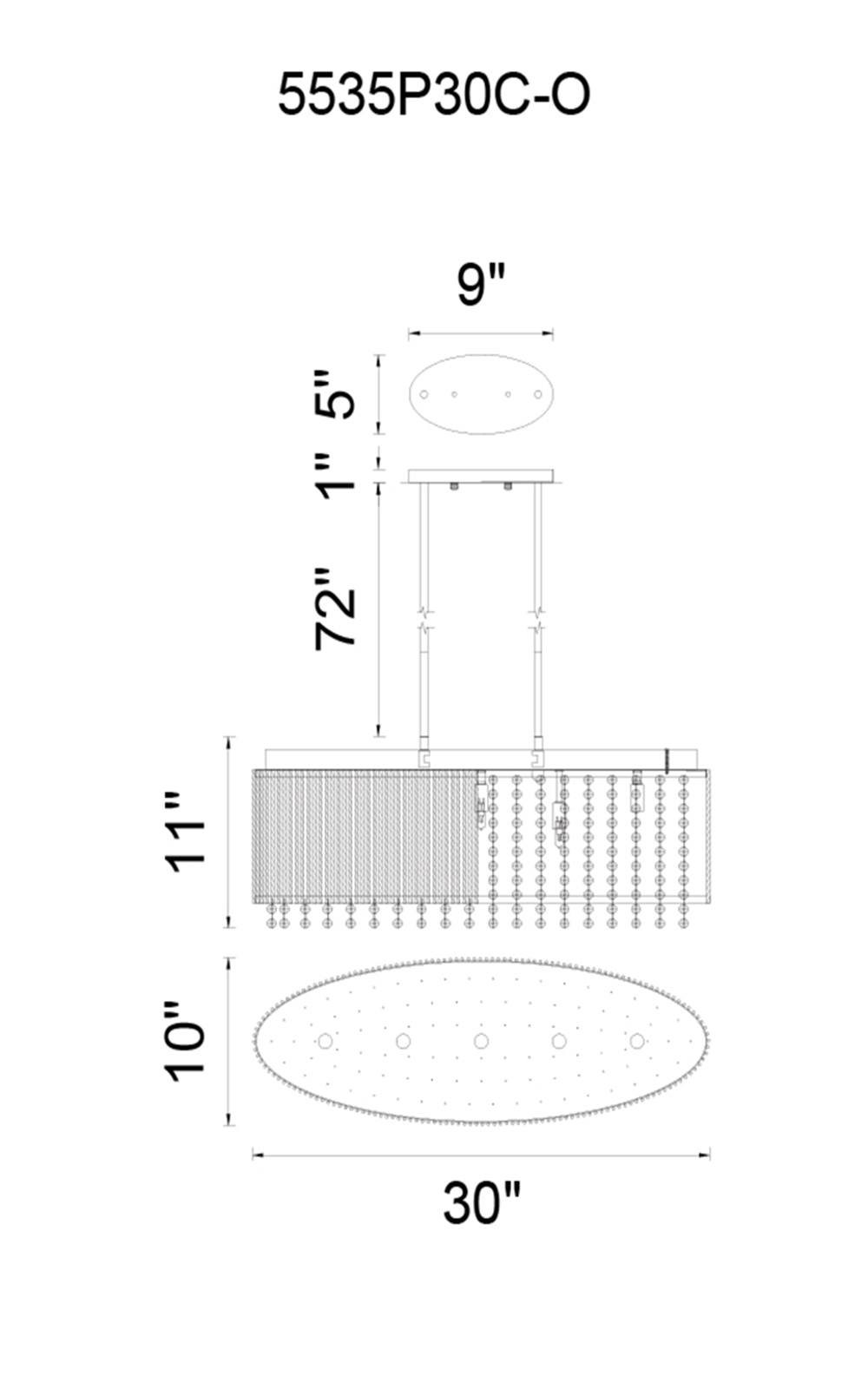 CWI Lighting Claire 5 Light Drum Shade Chandelier With Chrome Model: 5535P30C-O Line Drawing