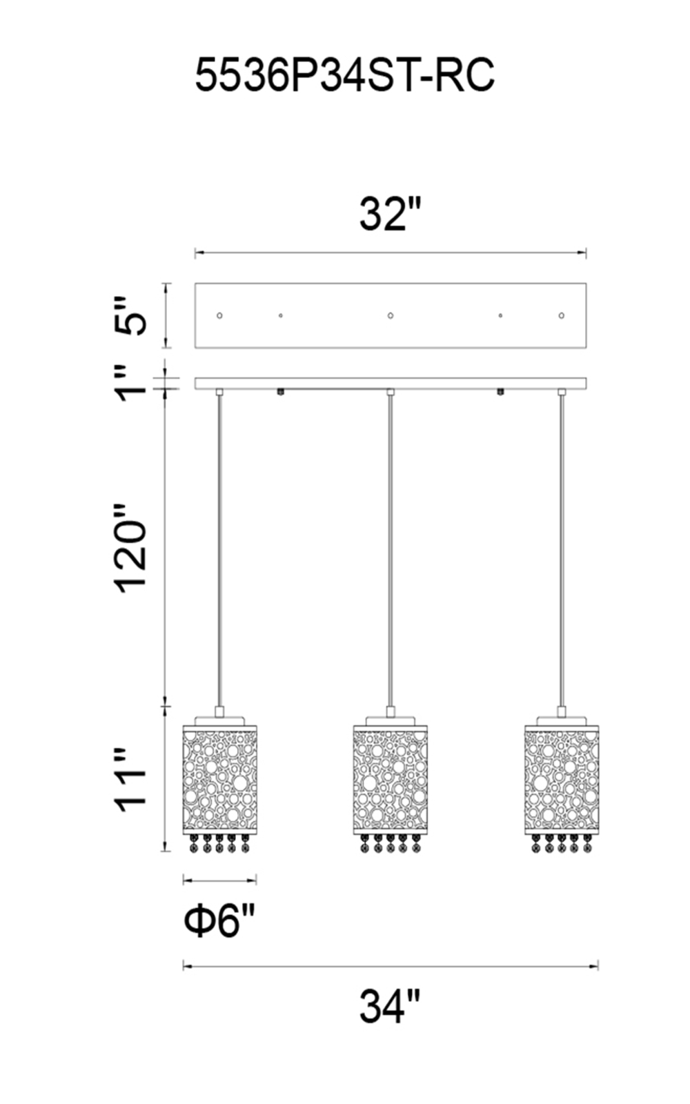 CWI Lighting Bubbles 3 Light Multi Light Pendant With Chrome Model: 5536P34ST-RC Line Drawing