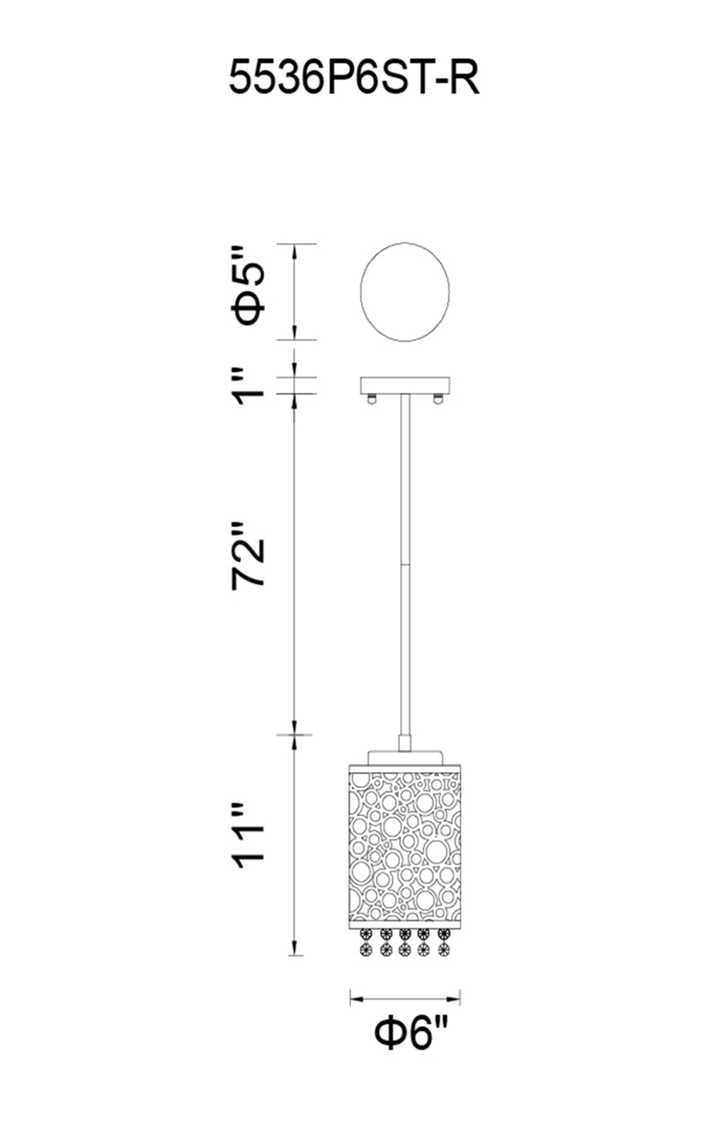 CWI Lighting Bubbles 1 Light Drum Shade Mini Pendant With Chrome Model: 5536P6ST-R Line Drawing