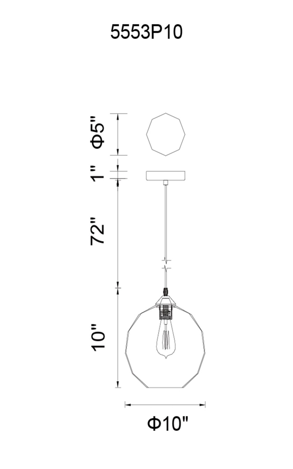 CWI Lighting Glass 1 Light Down Mini Pendant With Transparent Model: 5553P10-SMOKE Line Drawing