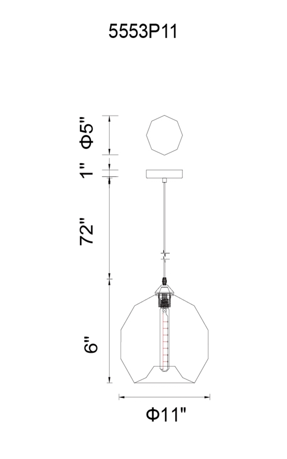 CWI Lighting Glass 1 Light Down Mini Pendant With Blue Finish Model: 5553P11-BLUE Line Drawing