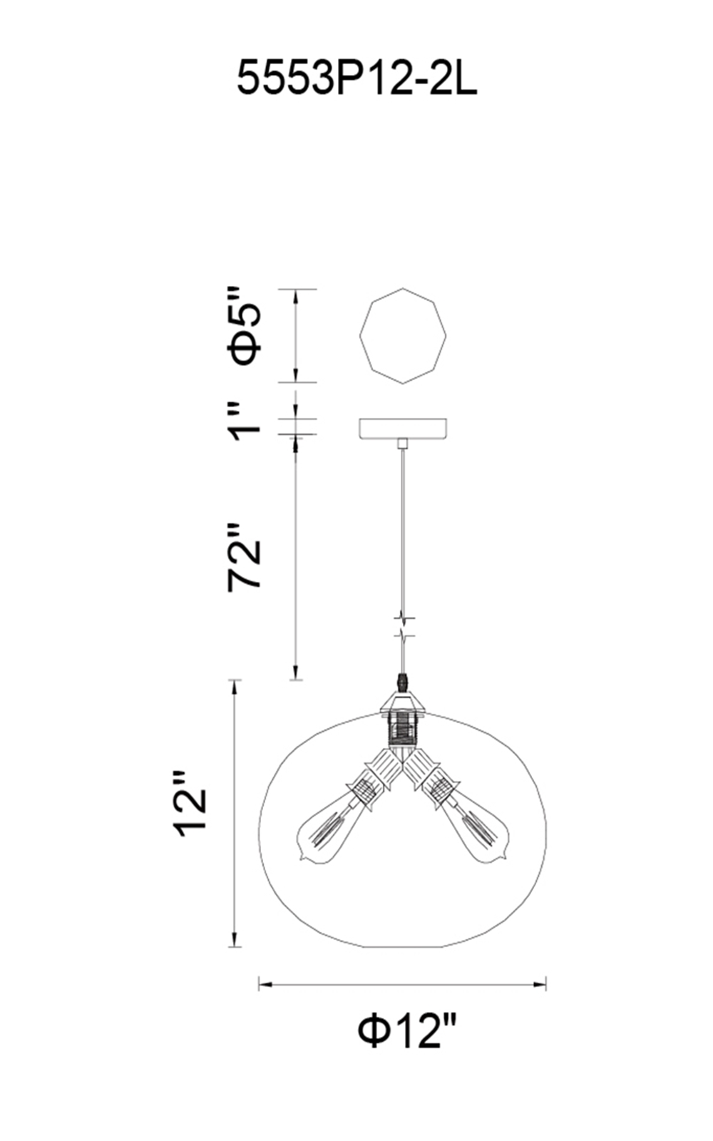CWI Lighting Glass 2 Light Down Mini Pendant With Transparent Model: 5553P12 - CLEAR (2L) Line Drawing
