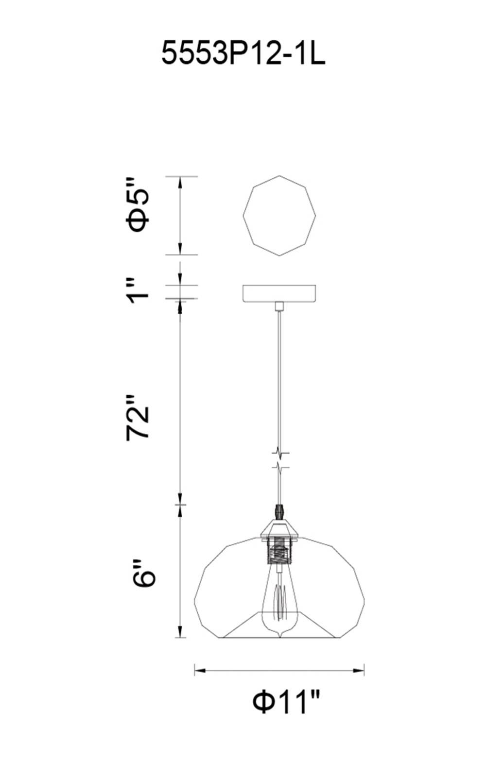 CWI Lighting Glass 1 Light Down Mini Pendant With Transparent Model: 5553P12- AMBER Line Drawing