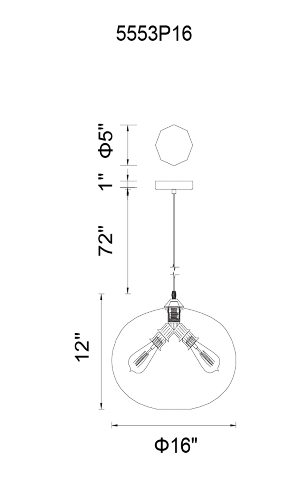 CWI Lighting Glass 4 Light Down Pendant With Transparent Blue Model: 5553P16 -BLUE Line Drawing