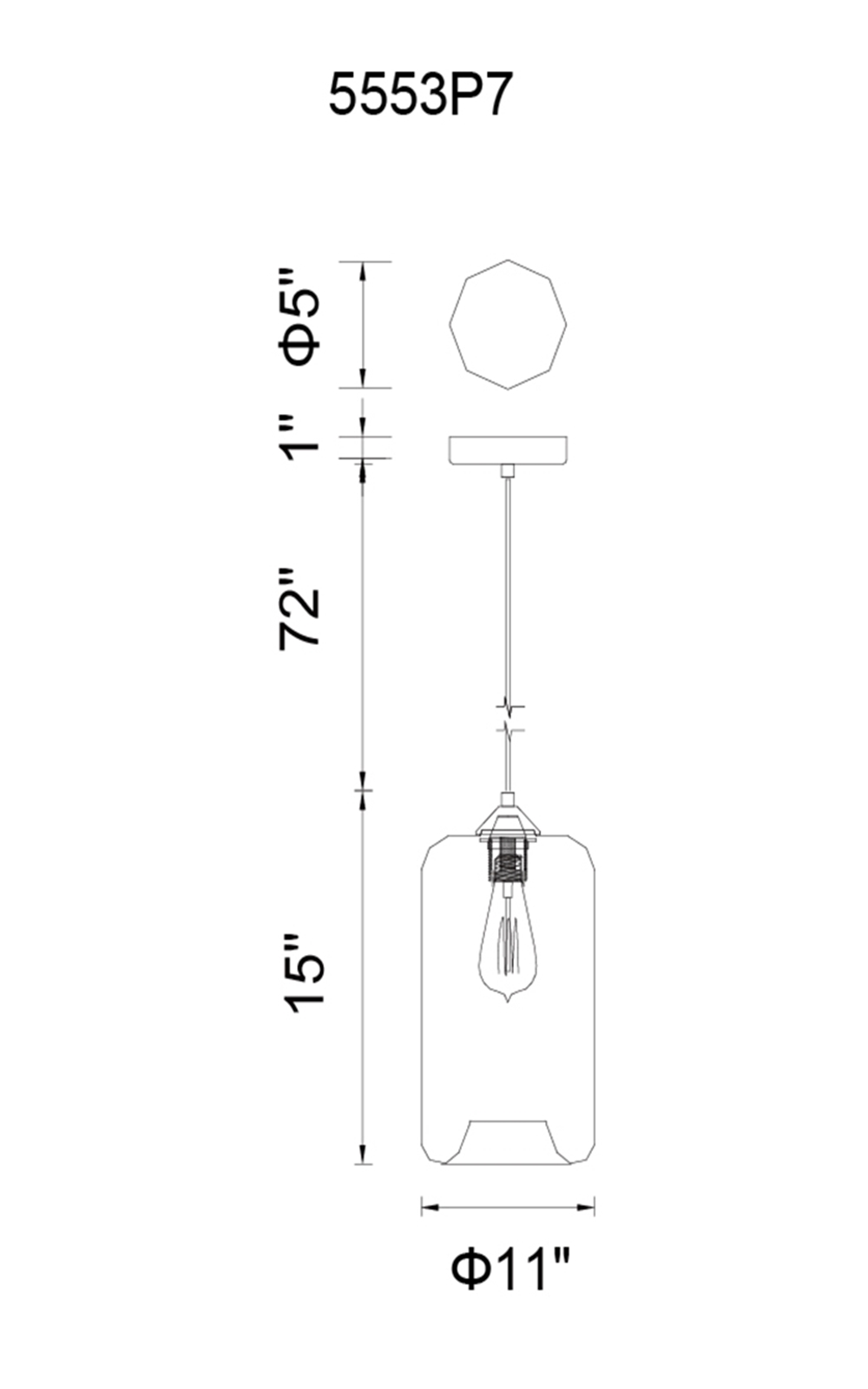 CWI Lighting Glass 1 Light Down Mini Pendant With Smoke Finish Model: 5553P7-SMOKE Line Drawing