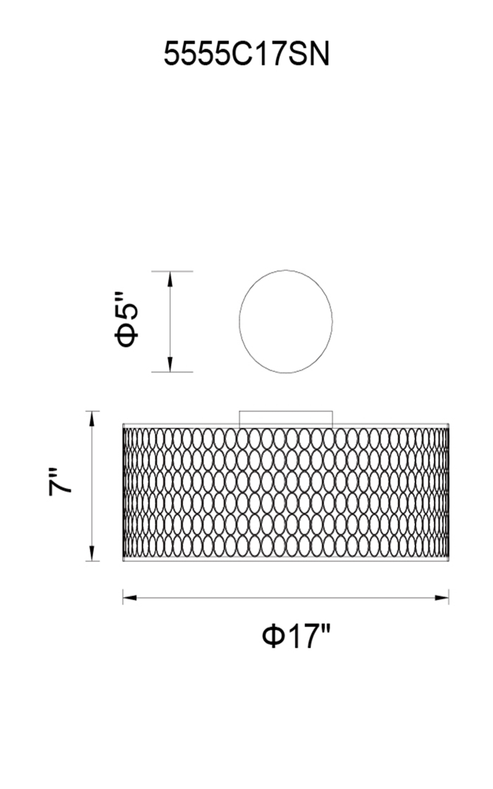 CWI Lighting Mikayla 3 Light Drum Shade Flush Mount With Satin Model: 5555C17SN Line Drawing