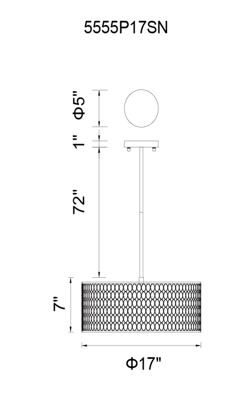CWI Lighting Mikayla 3 Light Drum Shade Chandelier With Satin Model: 5555P17SN Line Drawing