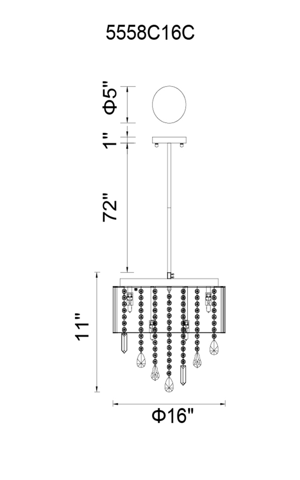 CWI Lighting Jacquimo 9 Light Drum Shade Flush Mount With Chrome Model: 5558C16C Line Drawing