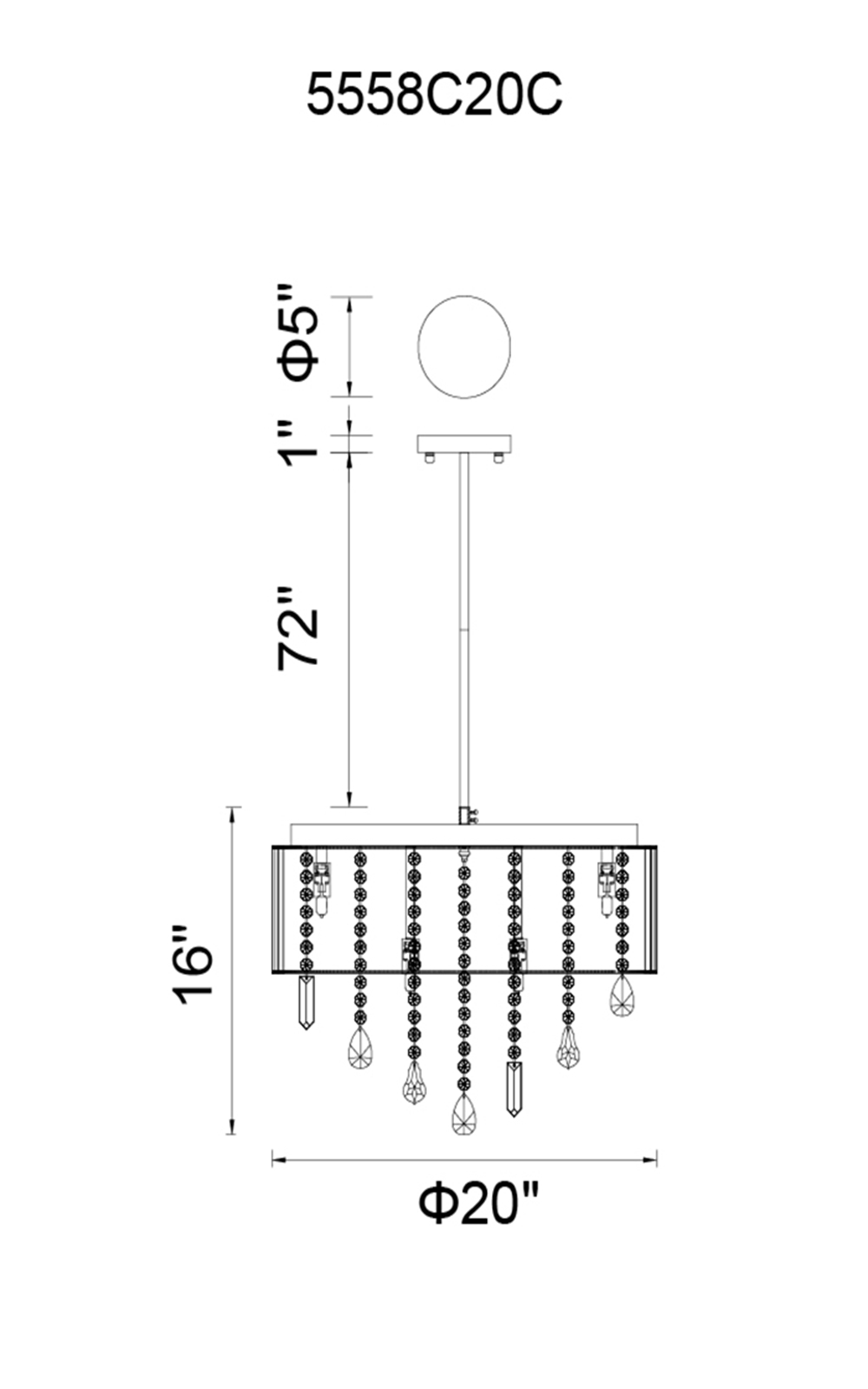 CWI Lighting Jacquimo 9 Light Drum Shade Flush Mount With Chrome Model: 5558C20C Line Drawing