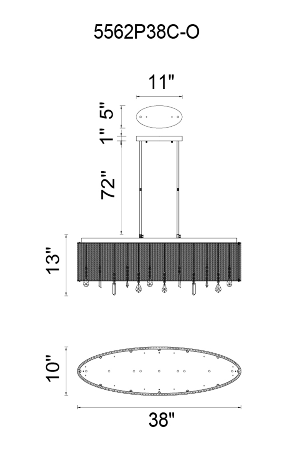 CWI Lighting Benson 7 Light Drum Shade Chandelier With Chrome Model: 5562P38C-O CLEAR Line Drawing