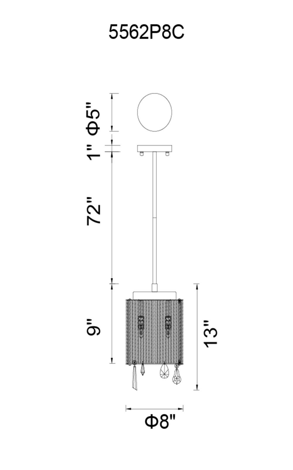 CWI Lighting Benson 2 Light Drum Shade Mini Pendant With Chrome Model: 5562P8C CLEAR Line Drawing