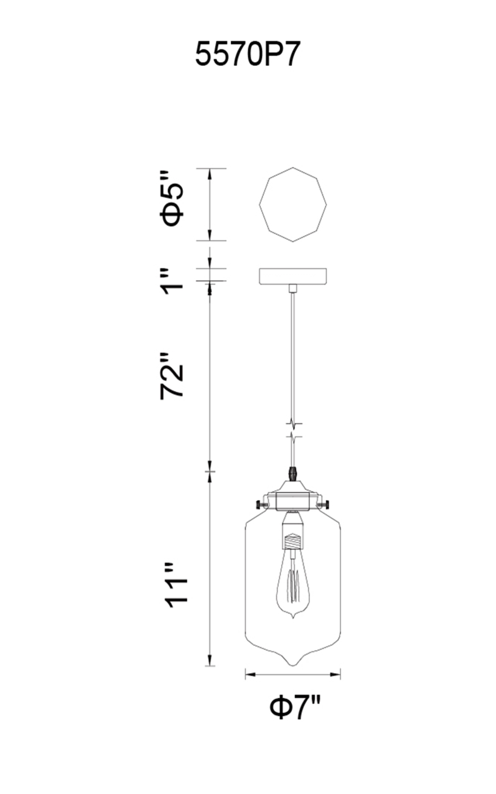 CWI Lighting Glass 1 Light Down Mini Pendant With Finish Model: 5570P7C - CLEAR Line Drawing