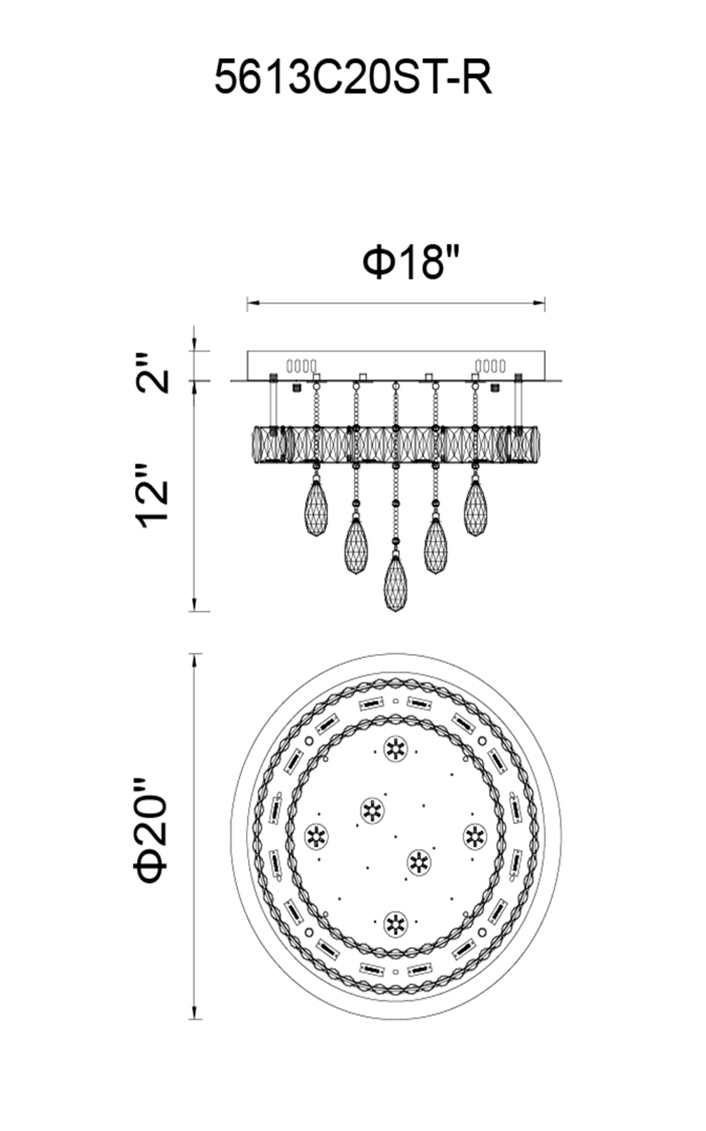 CWI Lighting Veil LED Flush Mount With Chrome Finish Model: 5613C20ST-R Line Drawing