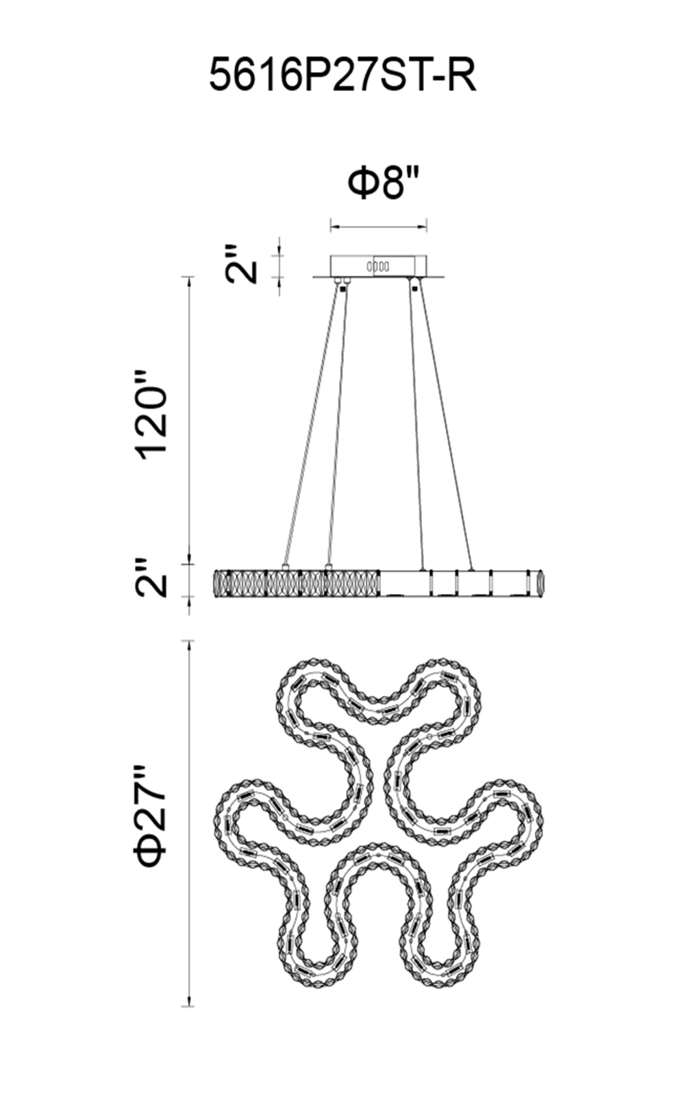CWI Lighting Odessa LED Chandelier With Chrome Finish Model: 5616P27ST-R Line Drawing