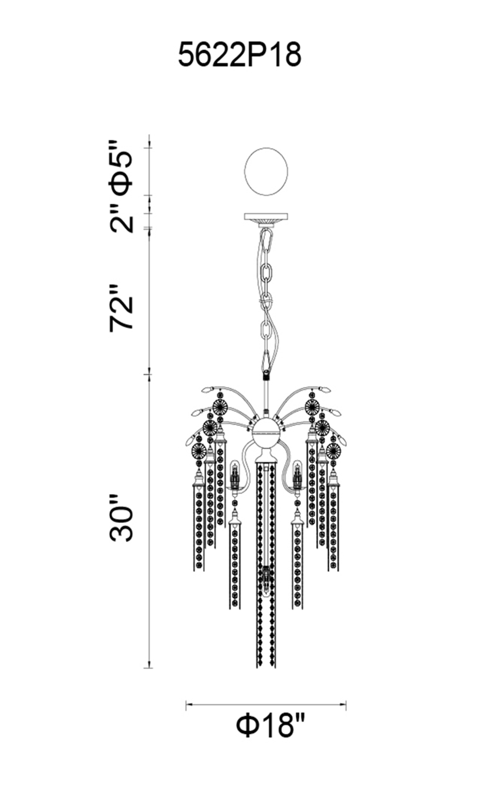 CWI Lighting Chloe 5 Light Down Chandelier With Chrome Finish Model: 5622P18C Line Drawing