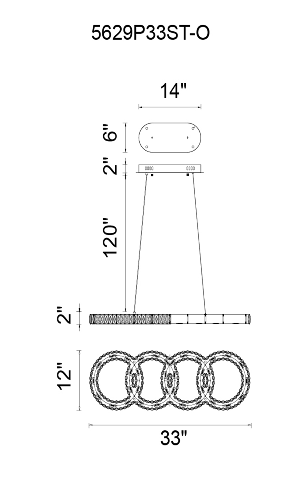 CWI Lighting Milan LED Chandelier With Chrome Finish Model: 5629P33ST-O Line Drawing
