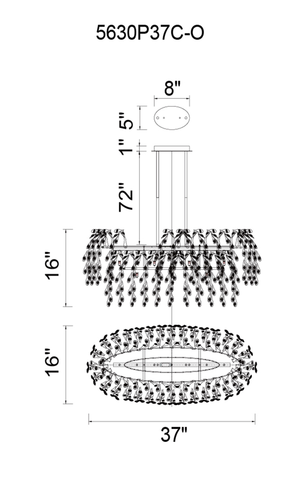 CWI Lighting Flurry 7 Light Down Chandelier With Chrome Finish Model: 5630P37C-O Line Drawing