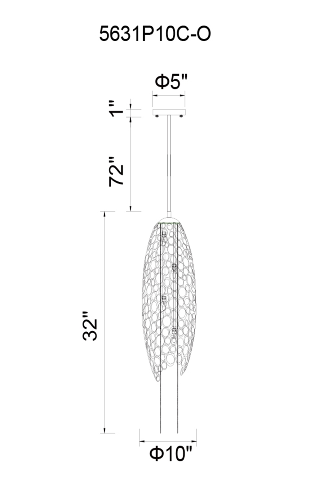 CWI Lighting Victoria 4 Light Down Mini Pendant With Chrome Finish Model: 5631P10C-O Line Drawing