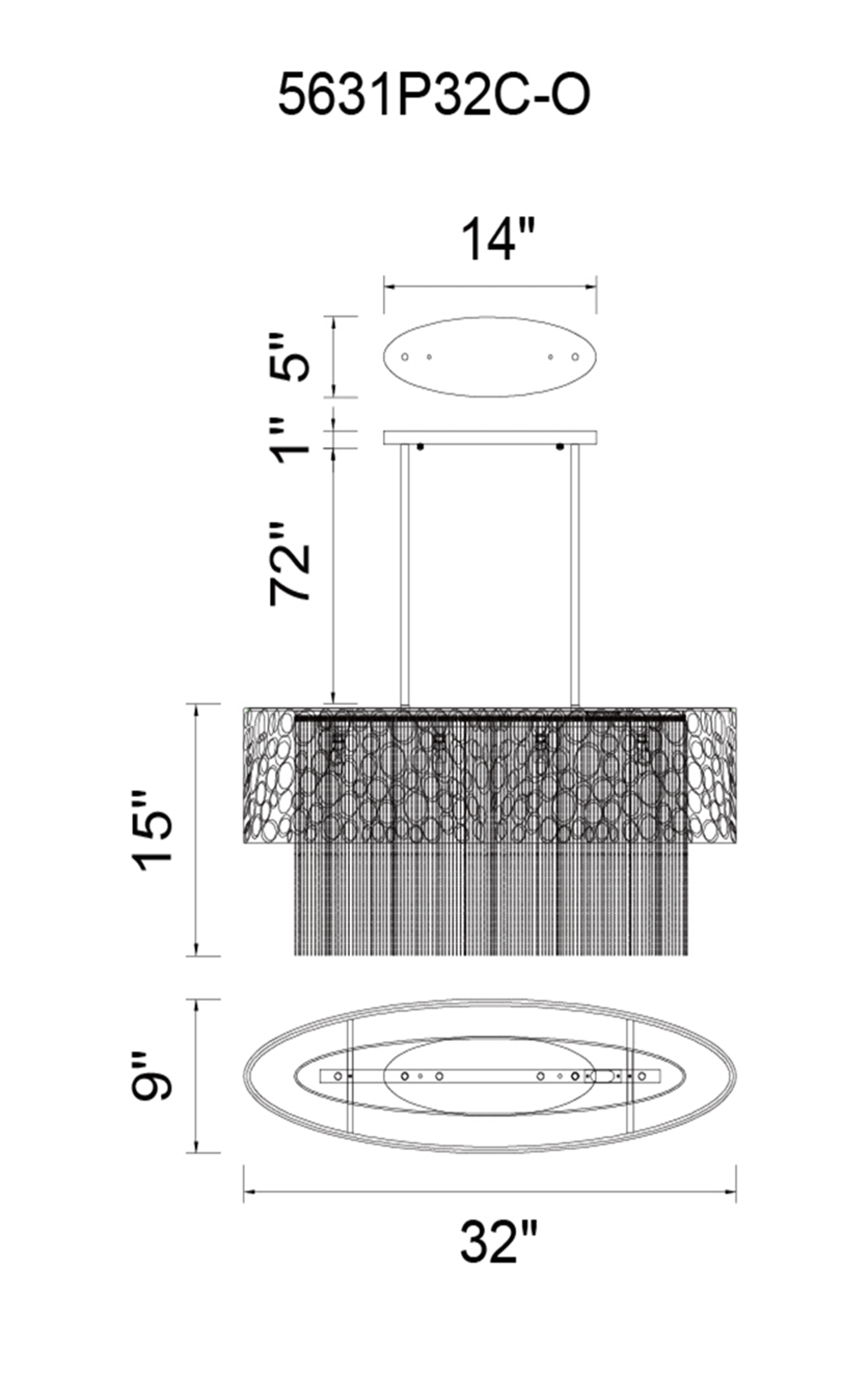 CWI Lighting Victoria 4 Light Drum Shade Chandelier With Chrome Model: 5631P32C-O Line Drawing