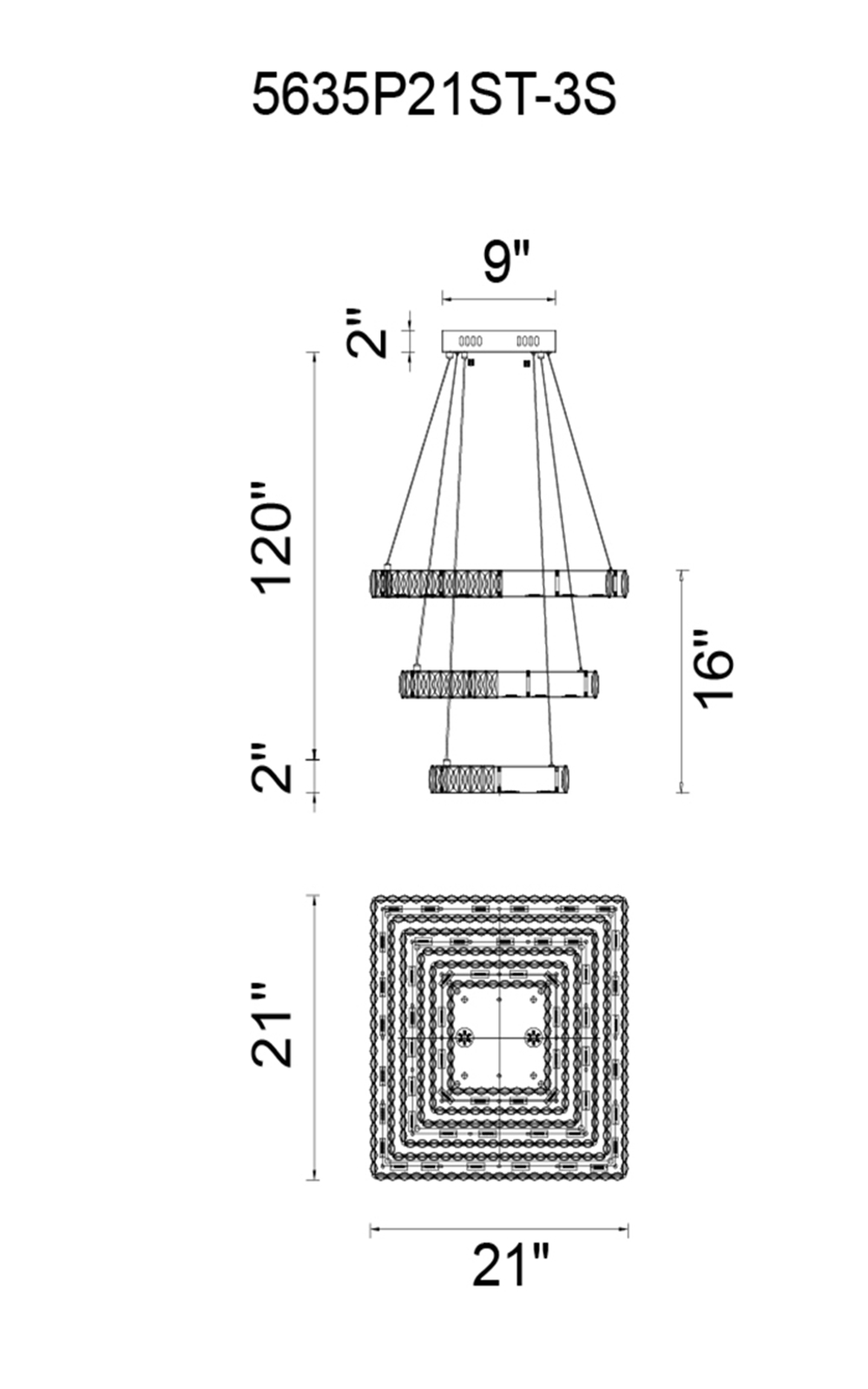 CWI Lighting Florence LED Chandelier With Chrome Finish Model: 5635P21ST-3S (CLEAR) Line Drawing