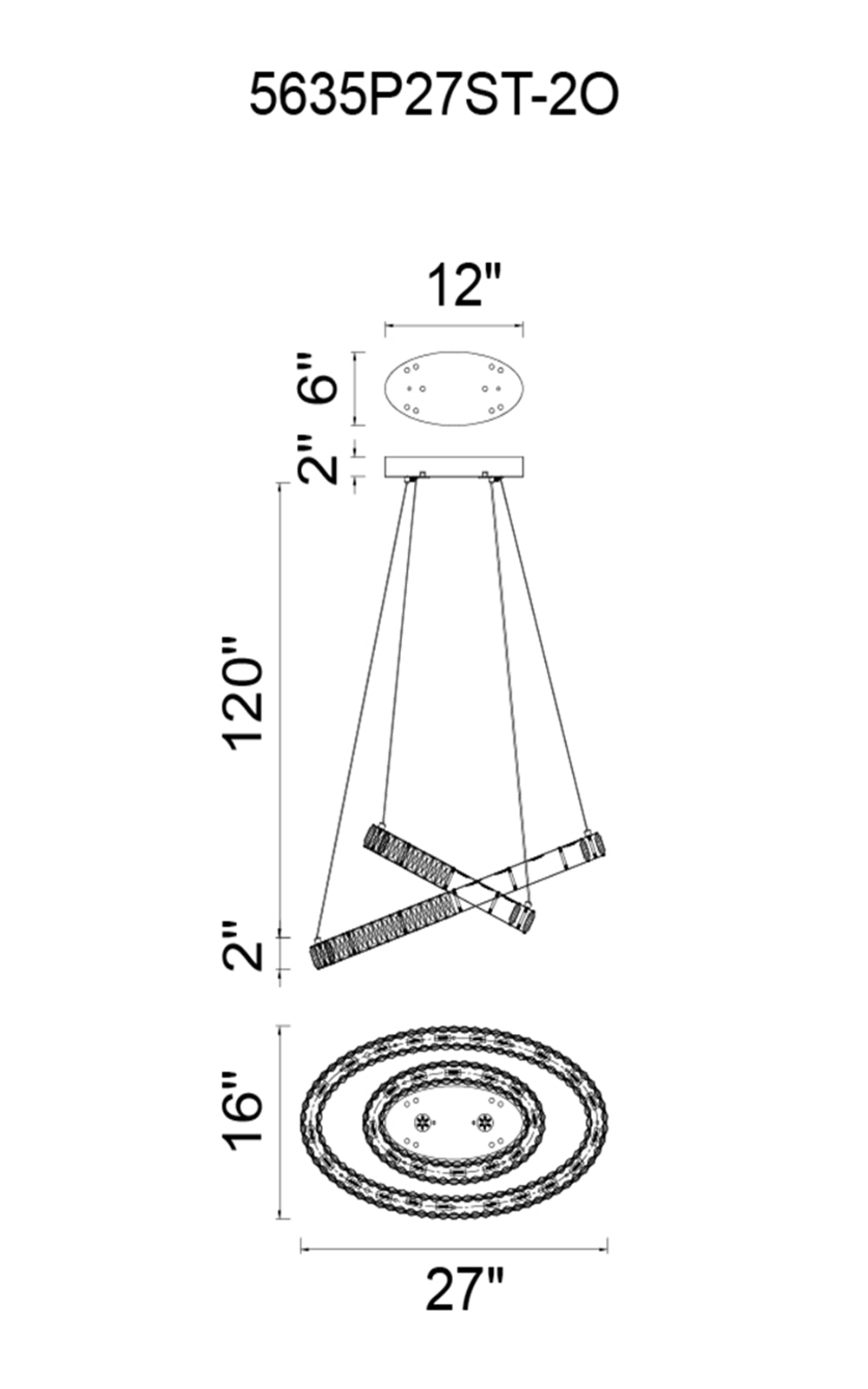 CWI Lighting Florence LED Chandelier With Chrome Finish Model: 5635P27ST-2O (CLEAR) Line Drawing