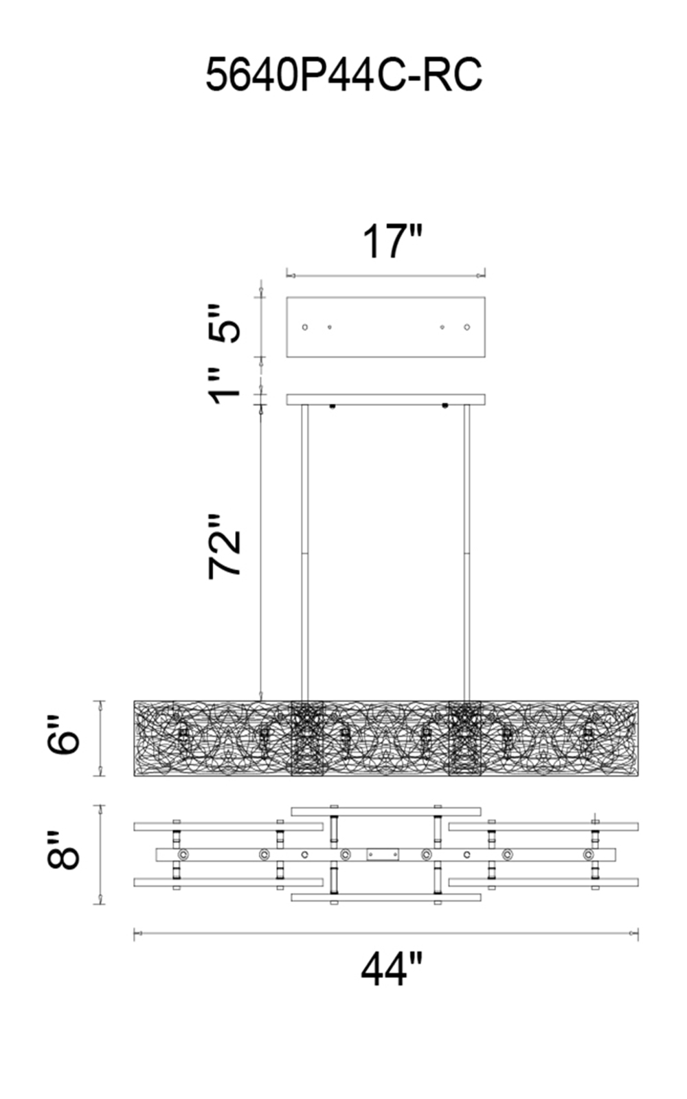 CWI Lighting Wilma 6 Light Down Chandelier With Chrome Finish Model: 5640P44C-RC Line Drawing