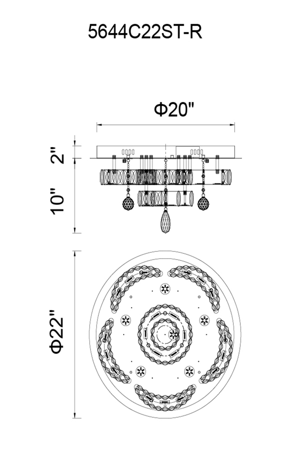 CWI Lighting Cascata LED Flush Mount With Chrome Finish Model: 5644C22ST-R Line Drawing
