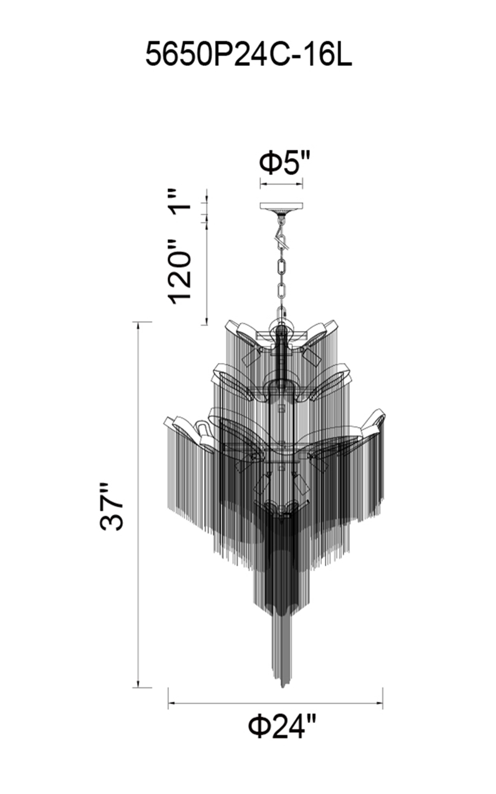 CWI Lighting Daisy 16 Light Down Chandelier With Chrome Finish Model: 5650P24C-12L Line Drawing