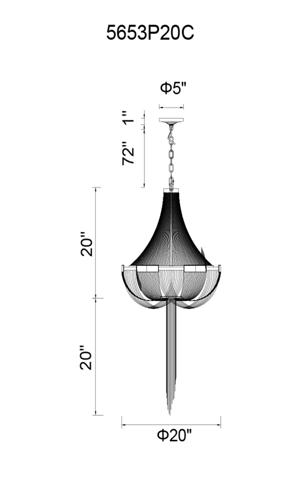 CWI Lighting Enchanted 6 Light Down Chandelier With Chrome Finish Model: 5653P20C Line Drawing