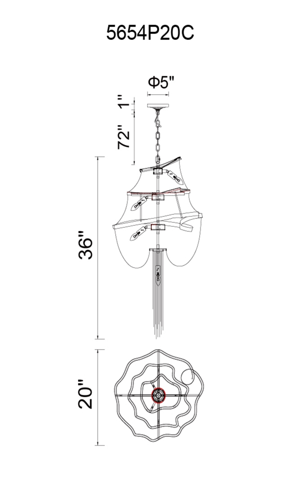 CWI Lighting Secca 9 Light Down Chandelier With Chrome Finish Model: 5654P20C Line Drawing