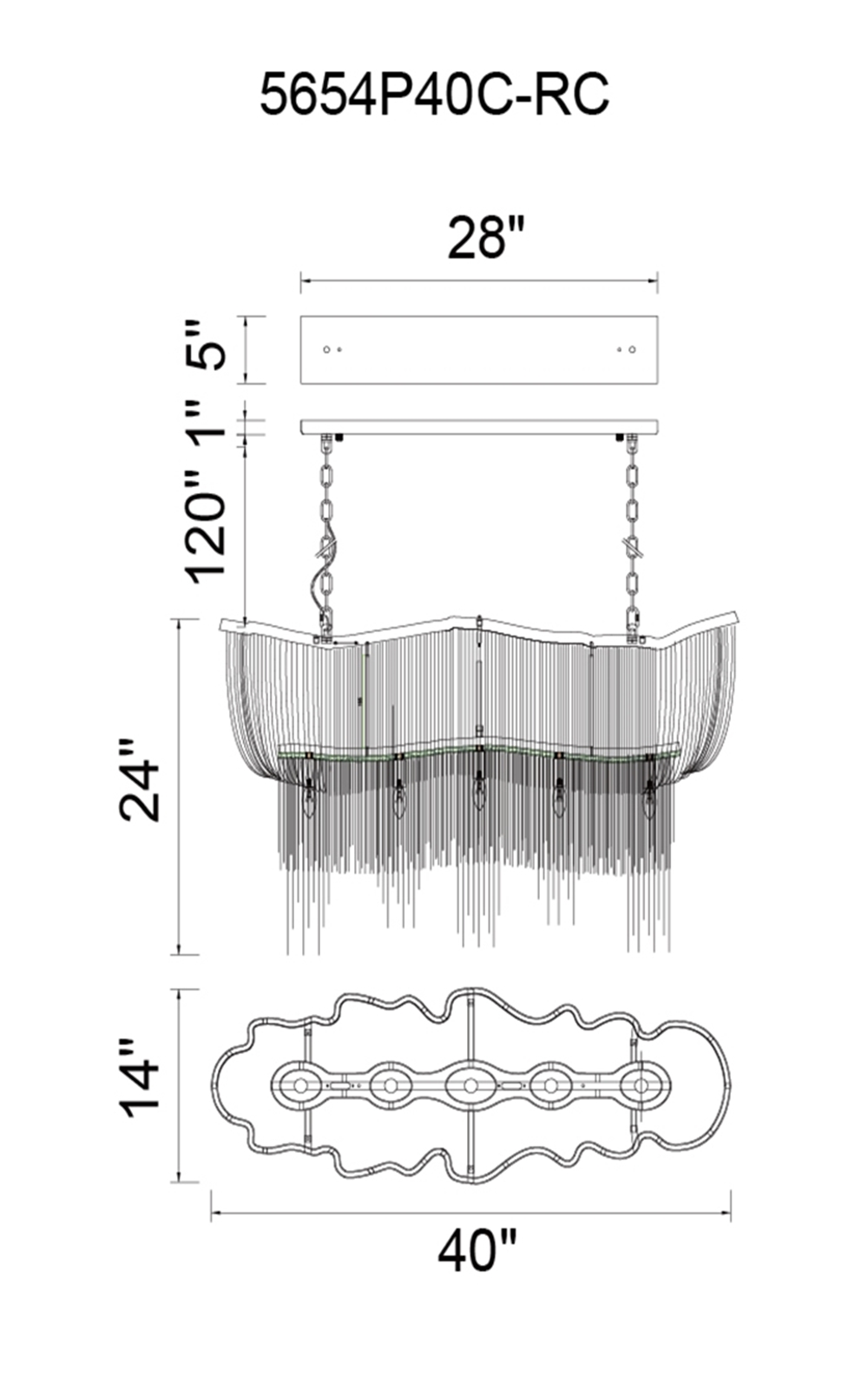 CWI Lighting Secca 11 Light Down Chandelier With Chrome Finish Model: 5654P40C-RC Line Drawing