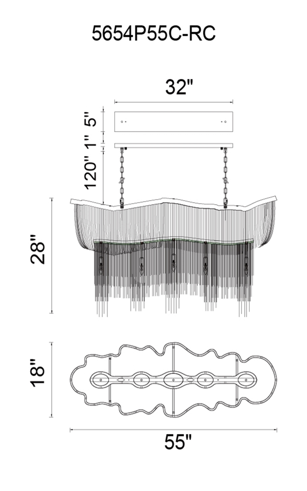 CWI Lighting Secca 13 Light Down Chandelier With Chrome Finish Model: 5654P55C-RC Line Drawing