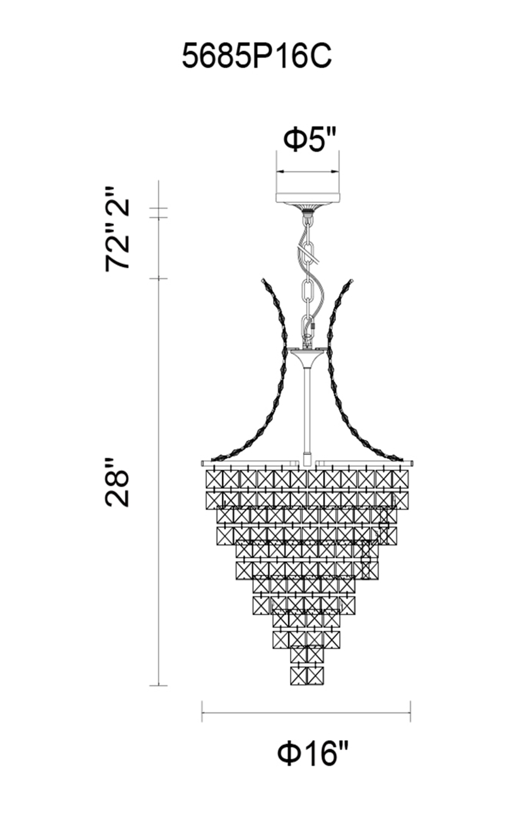 CWI Lighting Chique 9 Light Chandelier With Chrome Finish Model: 5685P16C Line Drawing