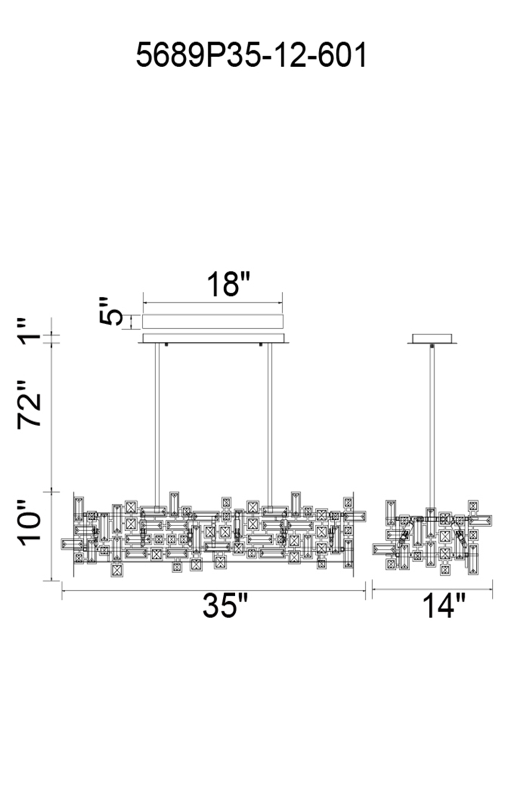 CWI Lighting Arley 12 Light Island Chandelier With Chrome Finish Model: 5689P35-12-601 Line Drawing