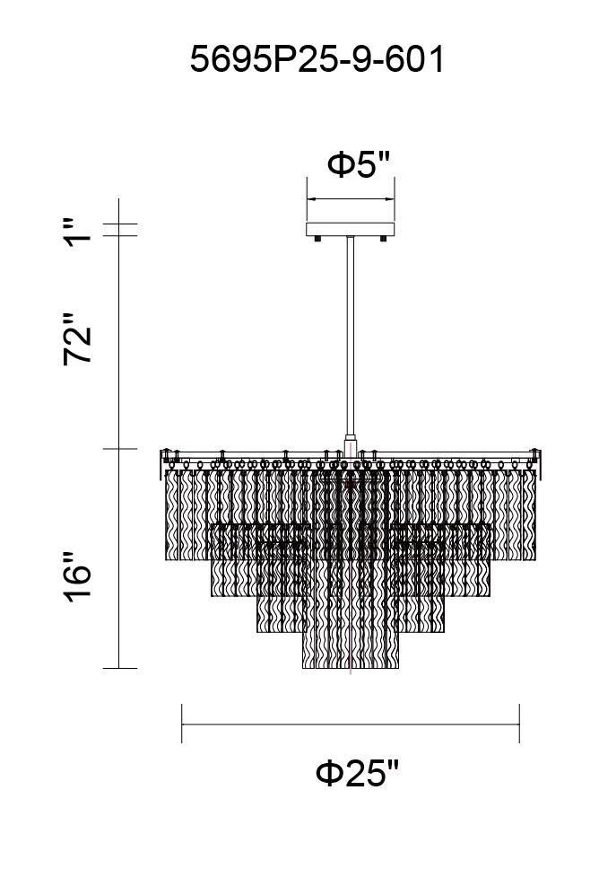 CWI Lighting Carlotta 9 Light Down Chandelier With Chrome Finish Model: 5695P25-9-601 Line Drawing