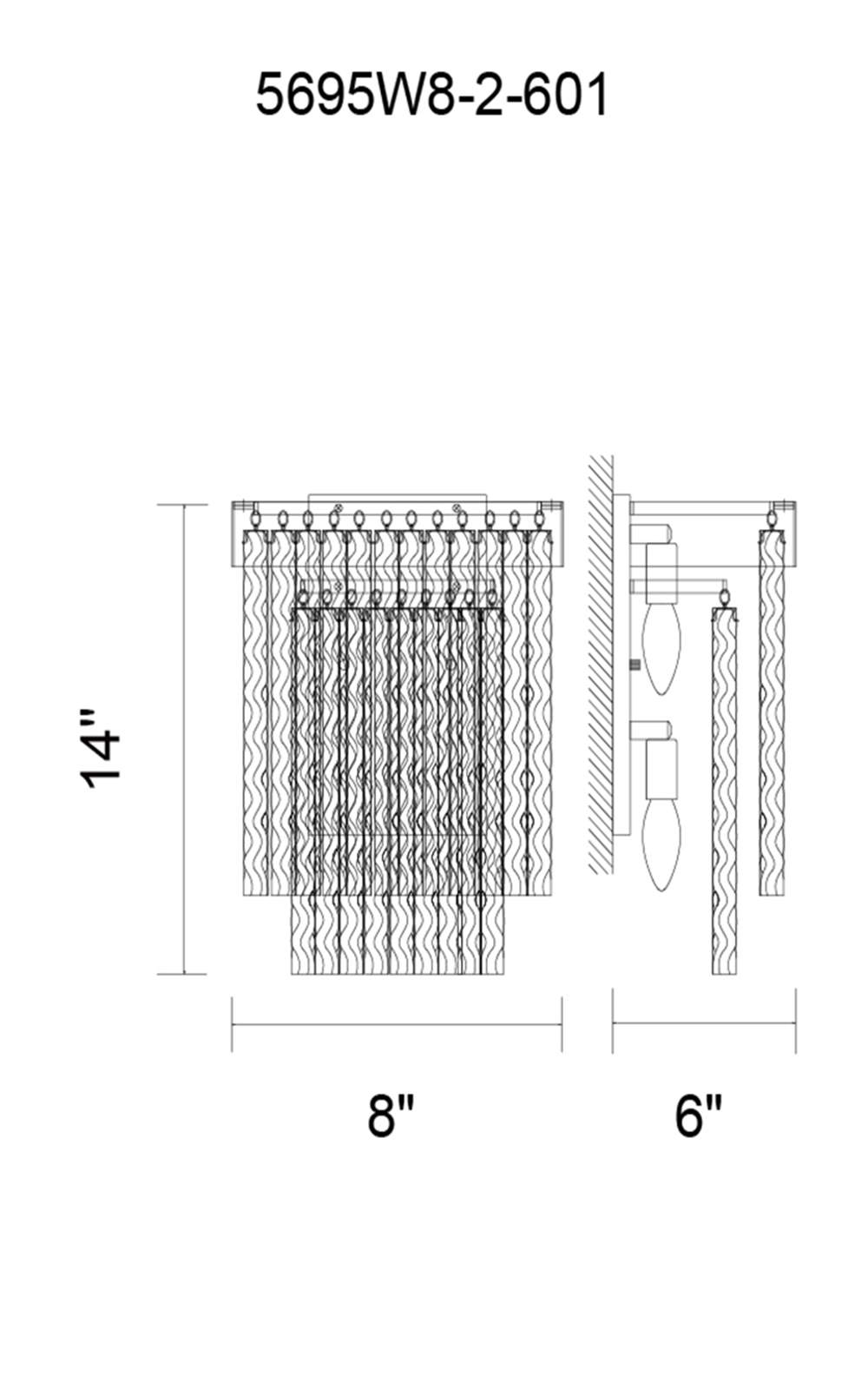 CWI Lighting Carlotta 2 Light Wall Sconce With Chrome Finish Model: 5695W8-2-601 Line Drawing