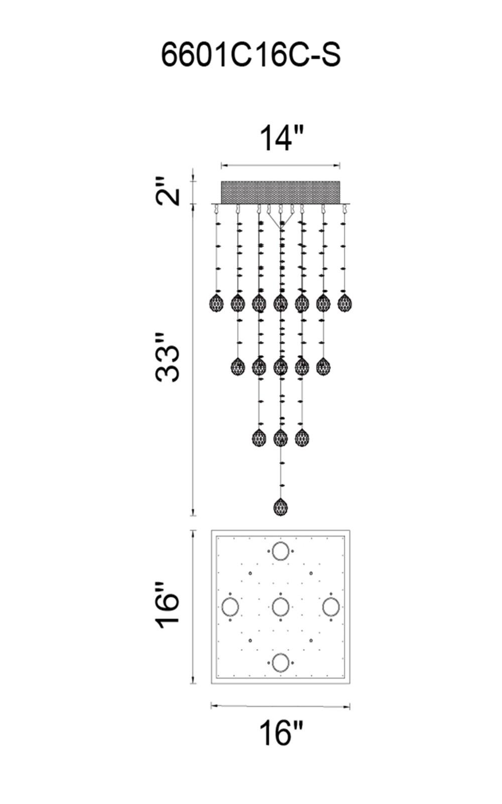 CWI Lighting Square 5 Light Flush Mount With Chrome Finish Model: 6601C16C-S Line Drawing