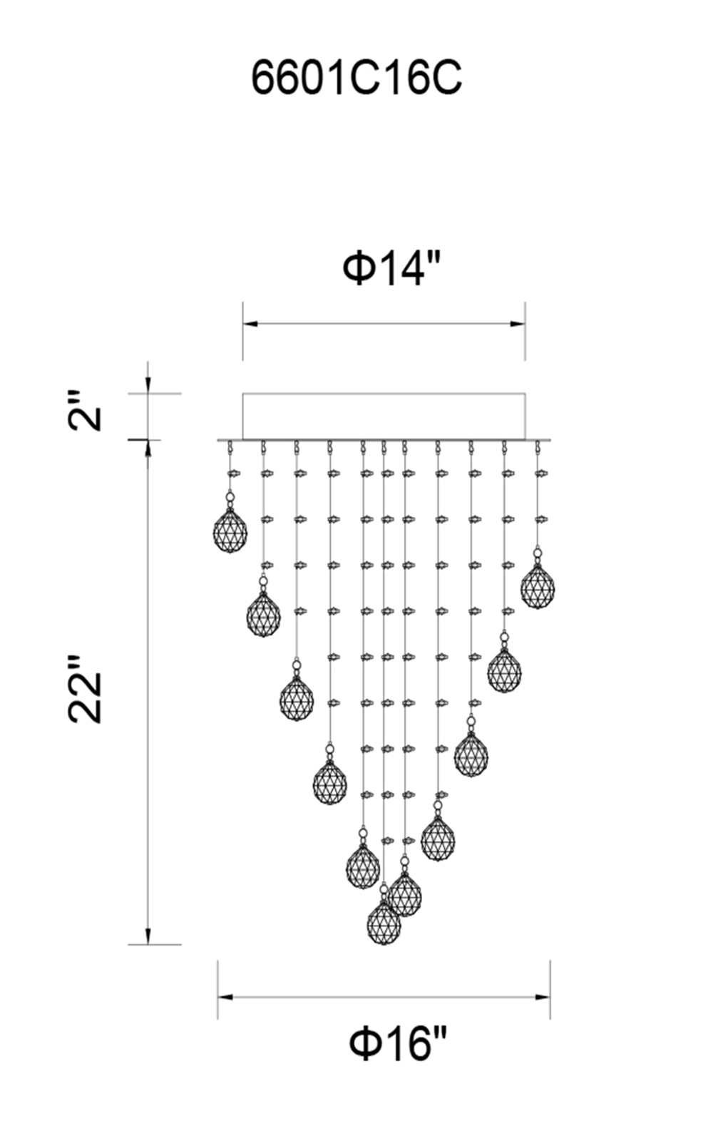 CWI Lighting Rain Drop 5 Light Flush Mount With Chrome Finish Model: 6601C16C Line Drawing