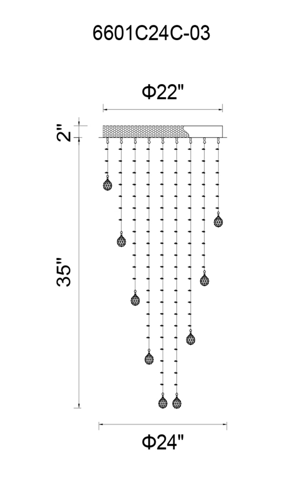 CWI Lighting Rain Drop 9 Light Flush Mount With Chrome Finish Model: 6601C24C(H:35) Line Drawing