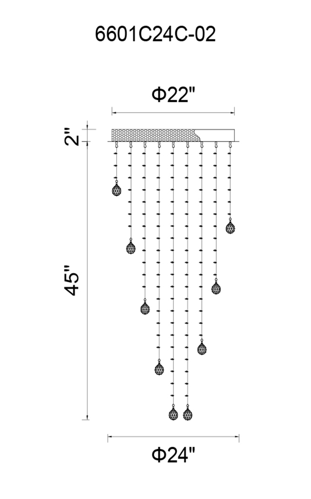 CWI Lighting Rain Drop 9 Light Flush Mount With Chrome Finish Model: 6601C24C(H:47) Line Drawing