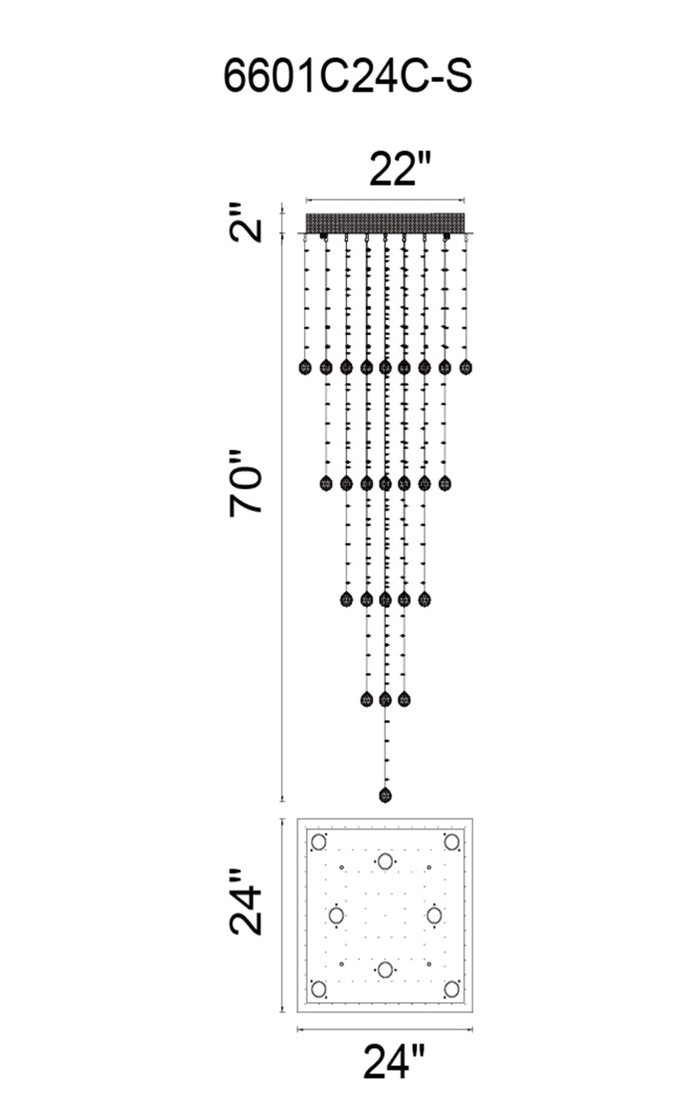 CWI Lighting Square 8 Light Flush Mount With Chrome Finish Model: 6601C24C-S Line Drawing