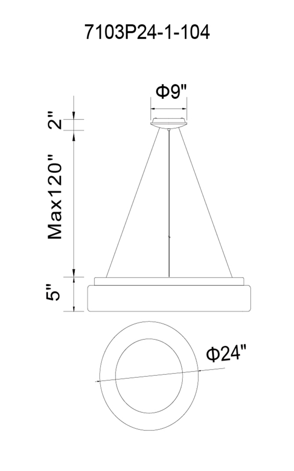 CWI Lighting Arenal LED Drum Shade Pendant With White Finish Model: 7103P24-1-104 Line Drawing