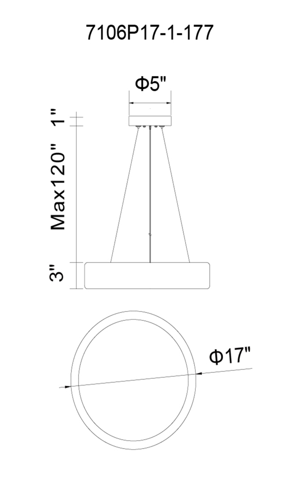 CWI Lighting Aires LED Drum Shade Pendant With Black & White Model: 7106P17-1-177 Line Drawing