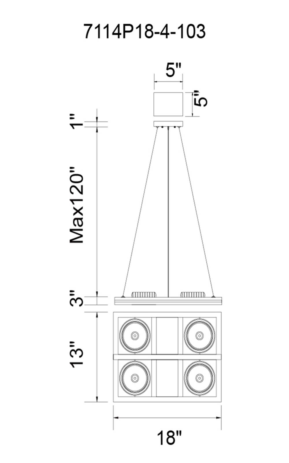 CWI Lighting Wrest LED Chandelier With White Finish Model: 7114P18-4-103 Line Drawing