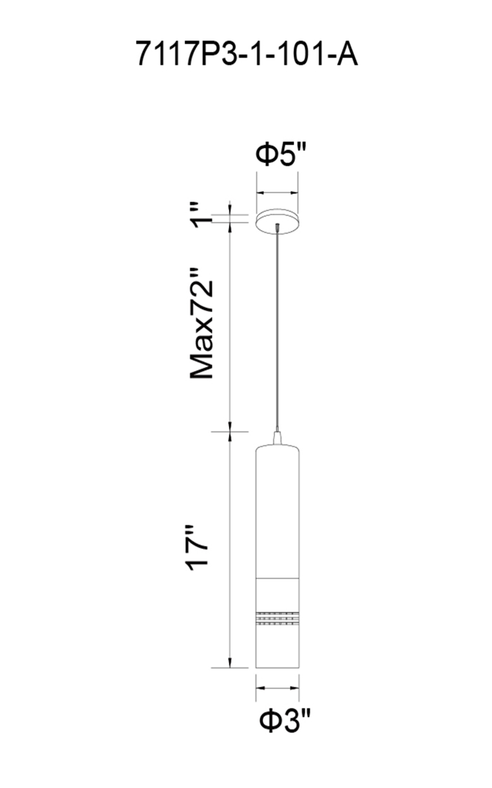CWI Lighting Stowe LED Down Mini Pendant With Black Finish Model: 7117P3-1-101-A Line Drawing