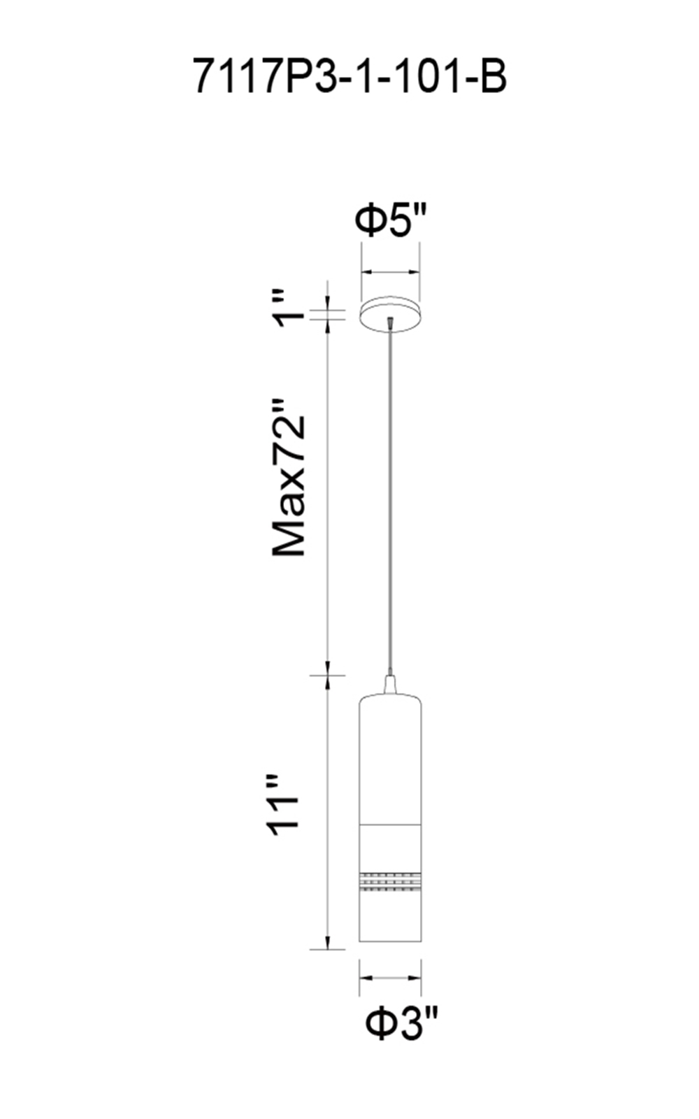 CWI Lighting Stowe LED Down Mini Pendant With Black & Wood Model: 7117P3-1-101-B Line Drawing