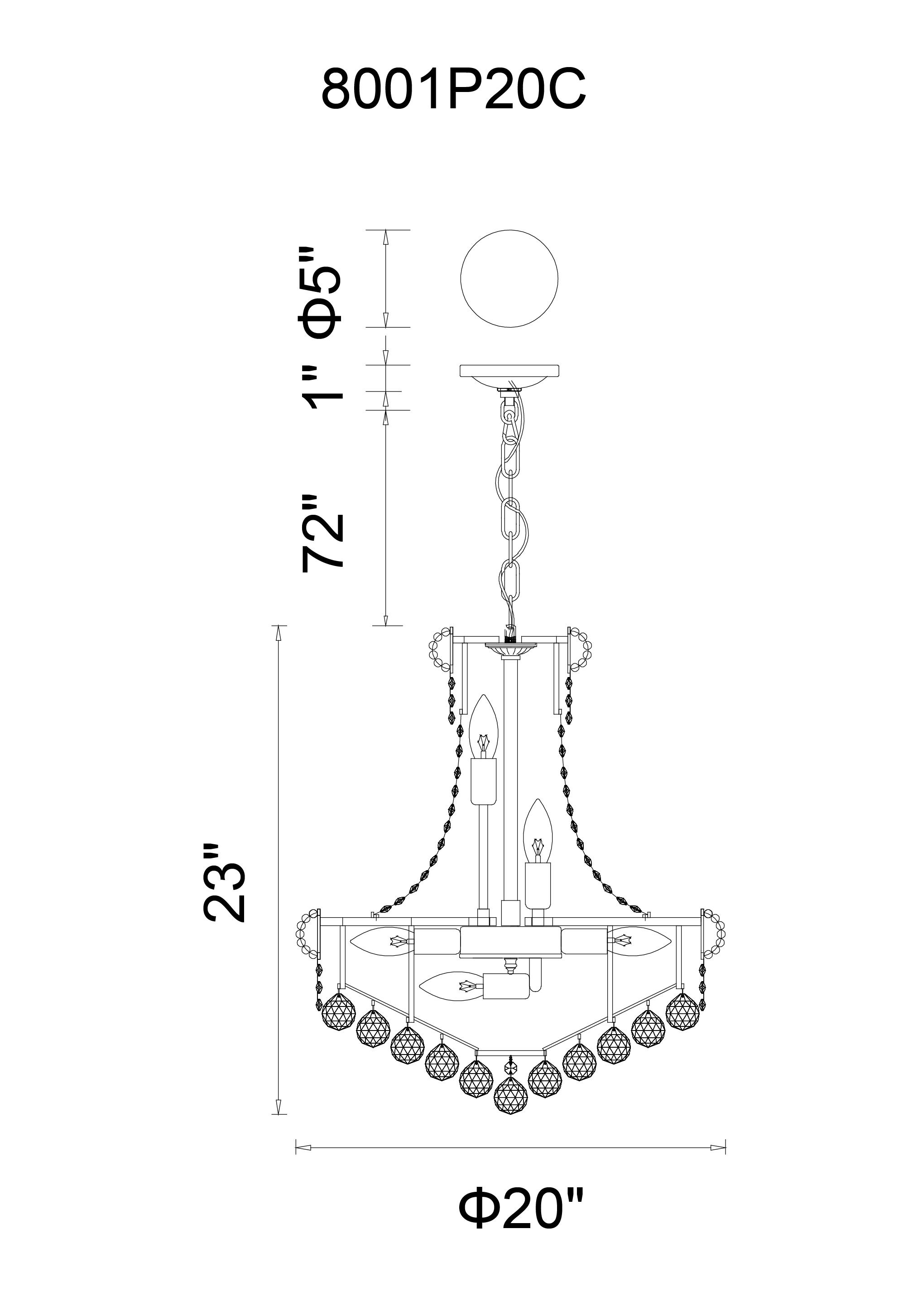 CWI Lighting Empire 14 Light Down Chandelier With Chrome Finish Model: 8001P20C Line Drawing